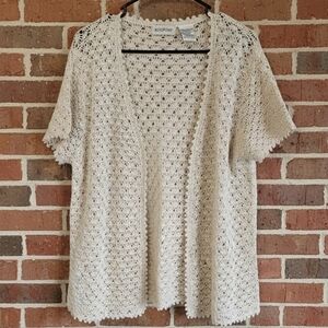 White Stag Crochet Cardigan Sweater | Cream Ivory | Size L | Ramie Cotton